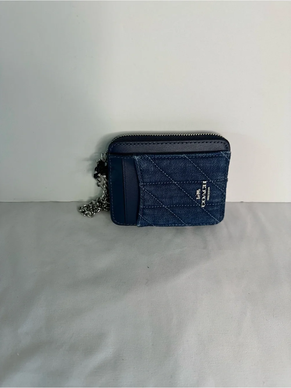 Coach Quilted Navy Denim Zip Card Case with Chain Accent CAR26